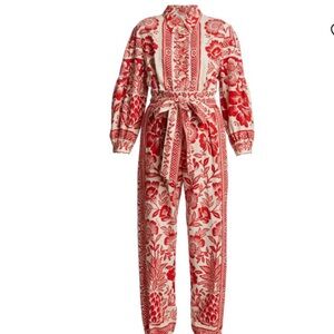 Farm Rio Floral-Print Linen-Blend Jumpsuit- Red and White